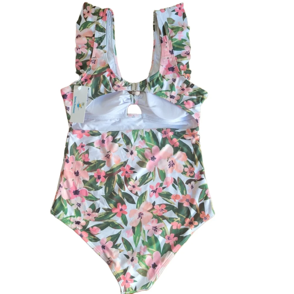 🌟 NWT BEACHSISSI ⛱️ One Piece Flirty Floral Women's Swimwear Size M Ruffles - Picture 2 of 8